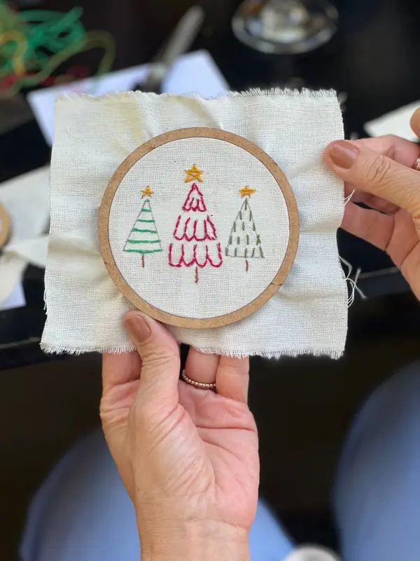 Bastidor com árvores de Natal bordadas em linha colorida