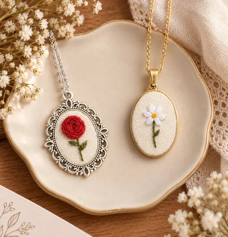 Colar com medalhão de rosa bordada e pingente oval com margarida